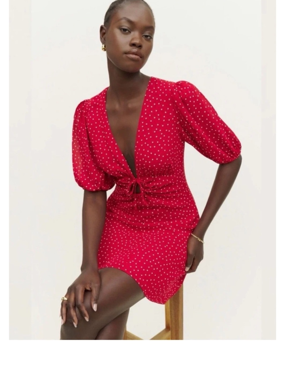 Reformation Cressida Red Polka Dot Puff Sleeve Key Hole Mini Dress